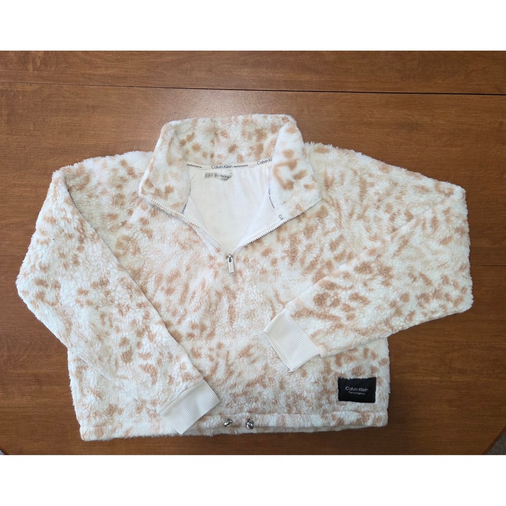 Calvin Klein Performance Leopard Faux Fur Quarter Zip Fleece Pullover Tan XL